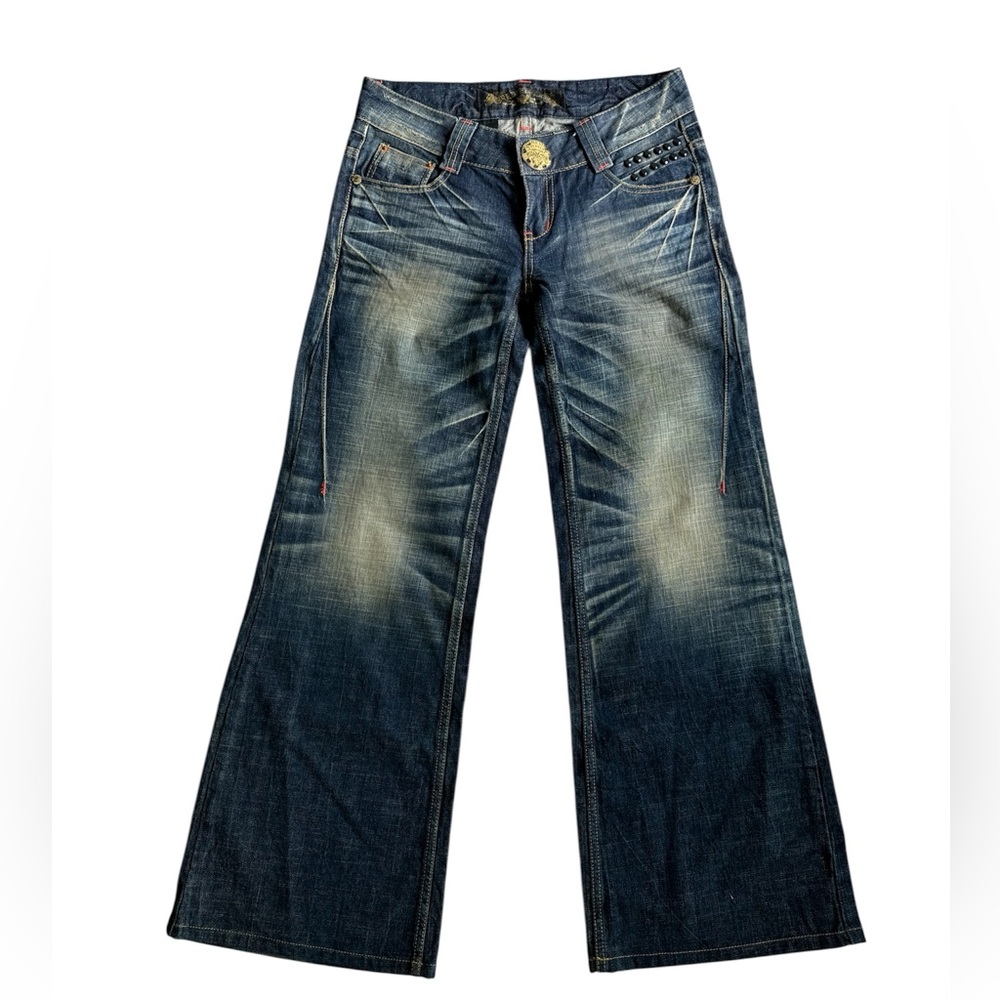 Y2K Red Pepper Japan Wide Leg Low Rise Dark Wash Embellished Jeans | Size 28